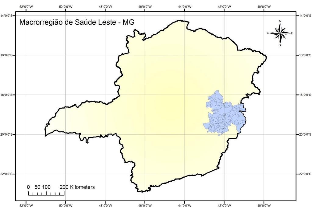 A macrorregião de Saúde Leste de Minas Gerais, localizada entre 18 00 e 20 00 de latitude Sul e aproximadamente 42 00 de longitude Oeste, é formada por 86 municípios pertencentes às Microrregiões de