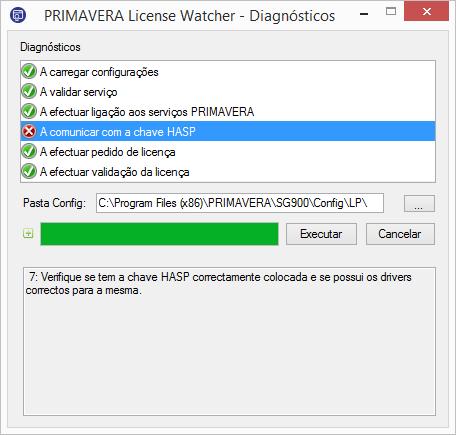 Se algum erro for detetado pelo processo de diagnóstico vão surgir na área de resultados as