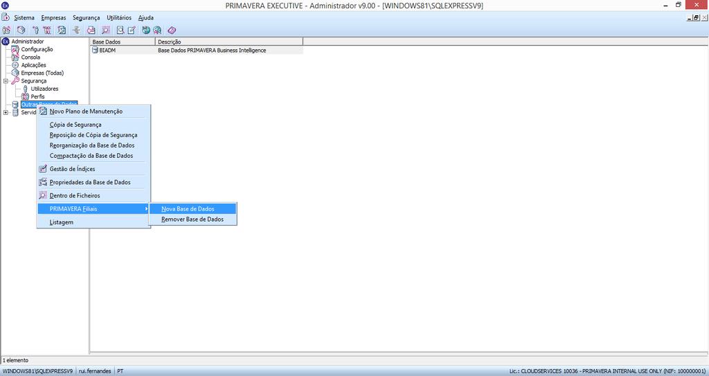 1. Aceder ao Administrador Outras Bases de Dados PRIMAVERA Filiais Nova Base de Dados (ou em alternativa aceder a Administrador Utilitários Outras Bases de