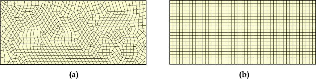 CAPÍTULO 8 EXEMPLOS DE APLICAÇÃO 107 Figura 8.11 (a) Malha não-estruturada de 888 elementos (949 nós) e (b) malha cartesiana de 45 x 20 elementos (966 nós). Nas figuras 8.12(a) e 8.