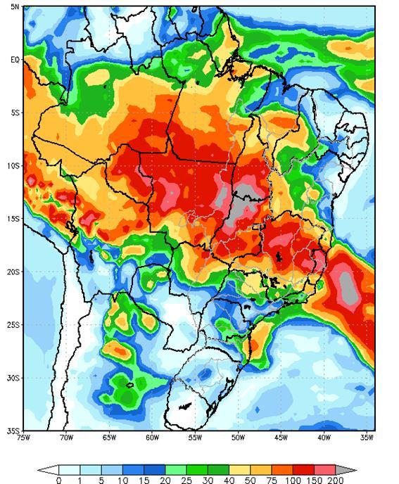 Figura 1 - Precipitação acumulada prevista pelo modelo ETA (CPTEC/INPE) para o período de 10 a 16/03/18 Nas bacias dos rios Paranapanema, Grande, Paranaíba e Iguaçu, e parte das bacias dos rios São