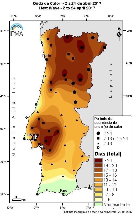 QUADRO METEOROLÓGICO Onda de calor No mês de abril verificou-se uma onda de calor de grande duração e extensão: Interior Norte e Centro-Norte, distritos de Lisboa, Santarém e Setúbal Período de onda