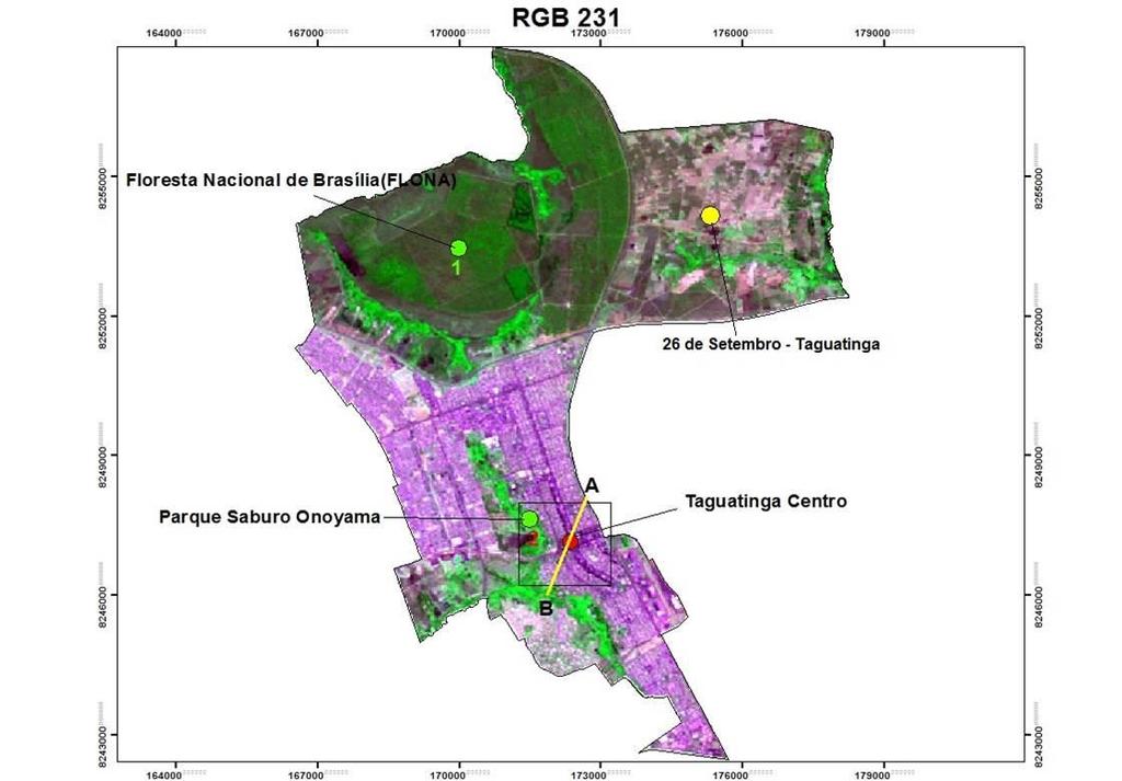 Figura 1 - Composição RGB 231 destacando a cidade de Taguatinga. Imagem obtida em 30/09/2015 do ano 2005 Landsat 5 banda 6. Fonte: Imagem de Satélite USGS.