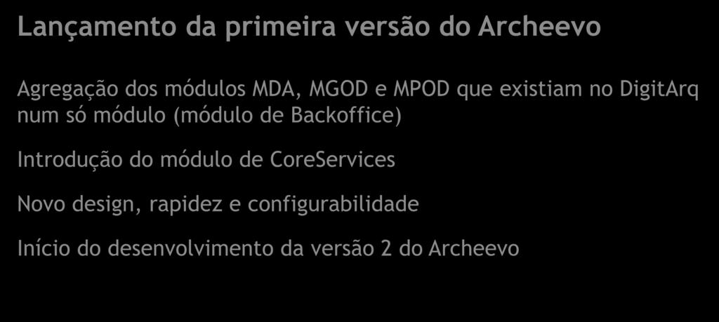 Lançamento da primeira versão do Archeevo Agregação dos módulos MDA, MGOD e MPOD que existiam no DigitArq num só módulo (módulo de