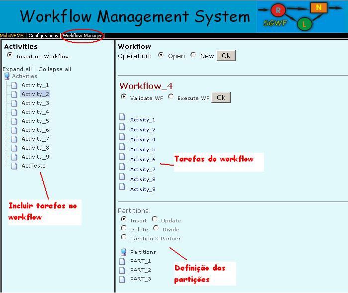 Implementação do MobiWfMS 103 Figura 41 MobiWfMS Server Gerência do workflow A Figura 42 apresenta a tela que permite ao usuário inserir uma tarefa no workflow.