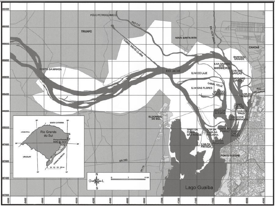 Figura 1: Mapa do Parque Estadual Delta do Jacuí, Rio Grande do Sul indicando, em fundo branco, a área