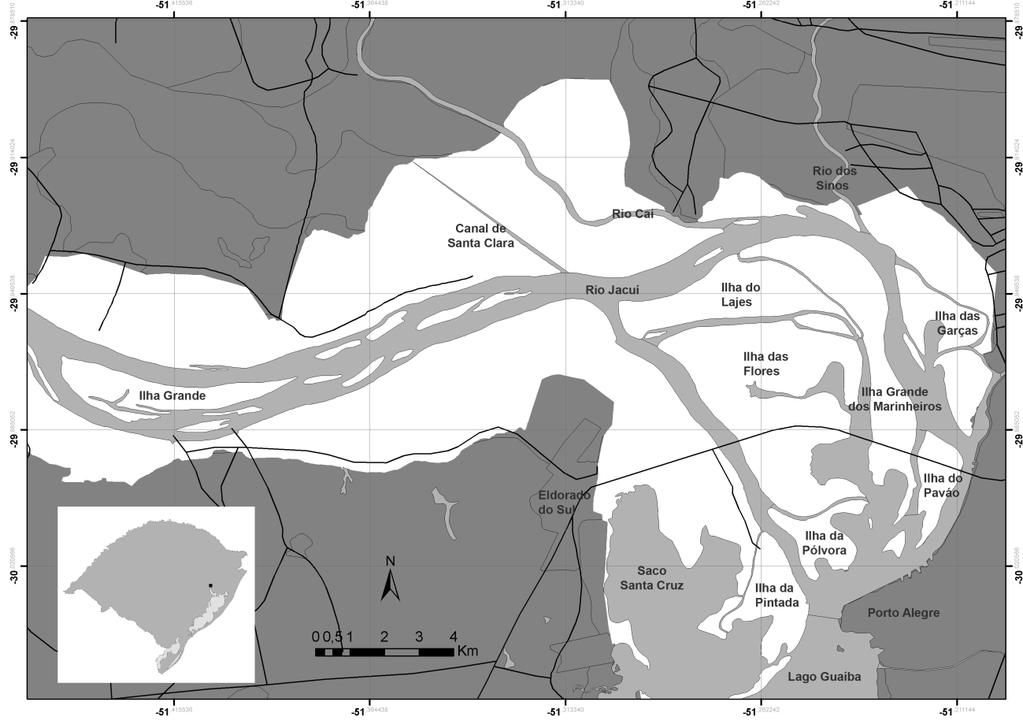 Figura 6: Mapa de localização do Delta do Rio Jacuí indicando, em fundo branco, a área do Parque Estadual e da Área de Preservação Ambiental.