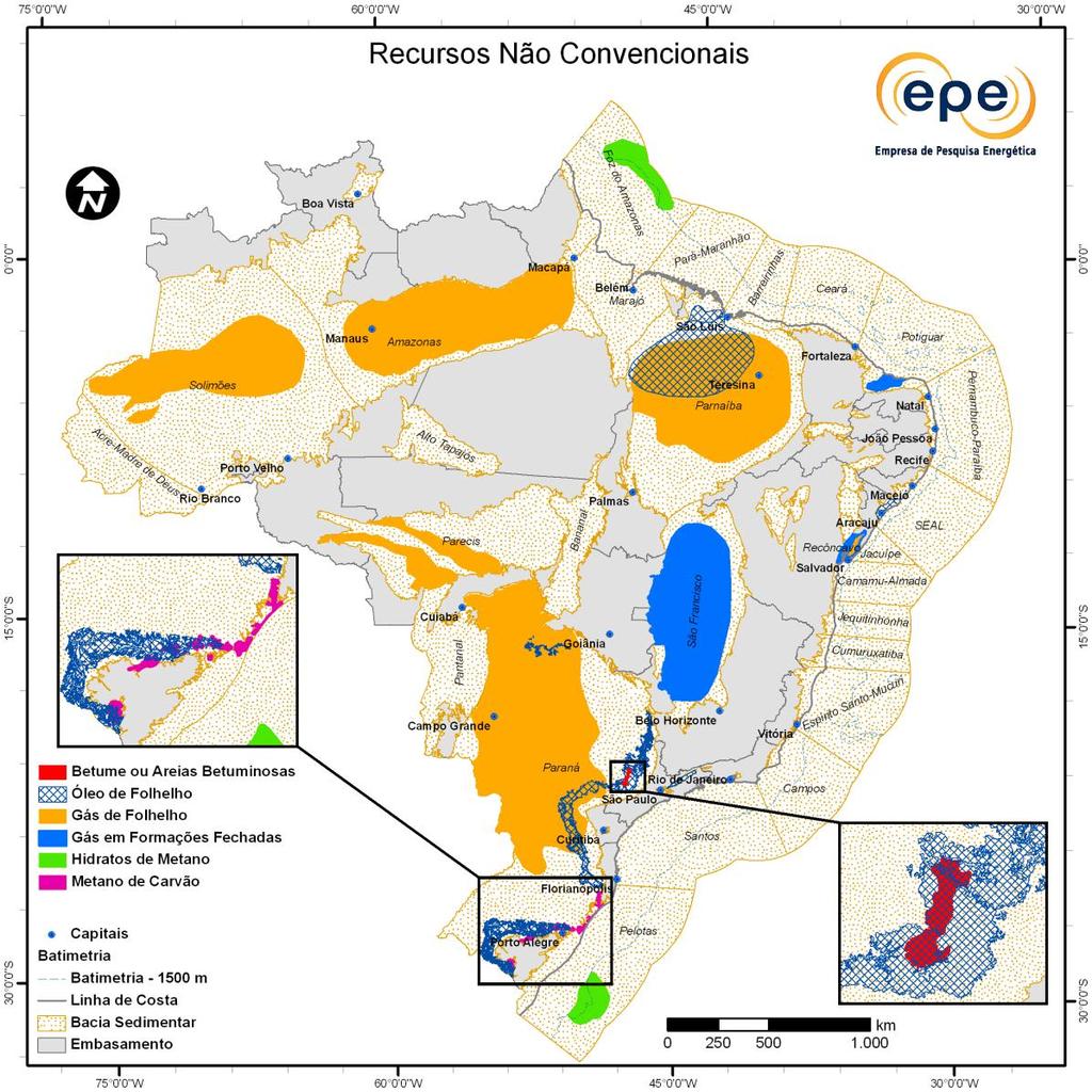 RECURSOS NÃO CONVENCIONAIS Estimativa de Recurso Recuperável de Gás Não Convencional (Shale Gas): ~ 6 trilhões m 3 Fontes: ANP (Parnaíba, Parecis e