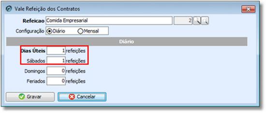 É possível configurar a forma de desconto do vale refeição na folha de pagamento, sendo em quantidade ou percentual sobre os vales fornecidos.