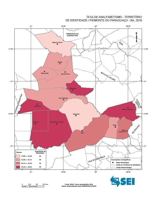 de analfabetismo dos diversos municípios que compõem o Piemonte do Paraguaçu, embora não estejam discriminados por faixa etária, a questão é alarmante, como demonstra as taxas abaixo: Diante desse