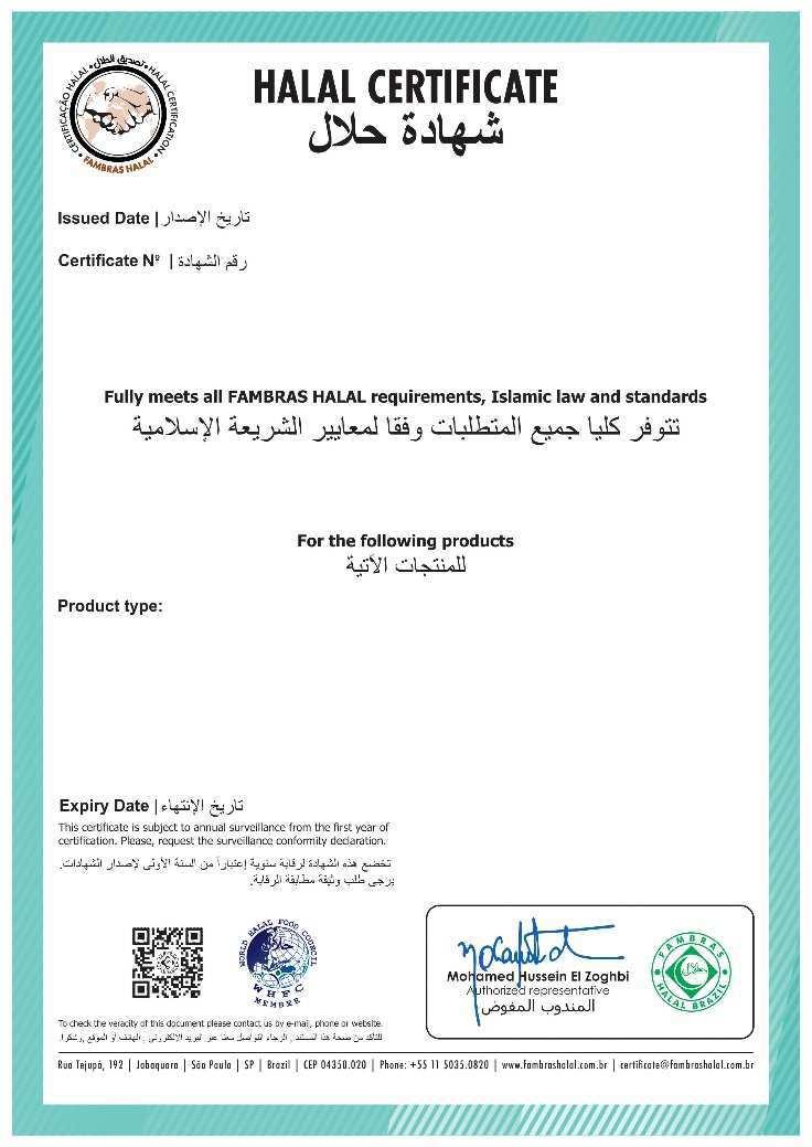 Data: 13/12/17 Pág.:7 de 19 Esta habilitação indica que todos os produtos apontados no certificado são Halal.