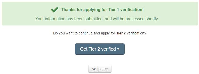 Confirmado a primeira verificação, clique em Get Tier 2 verified.