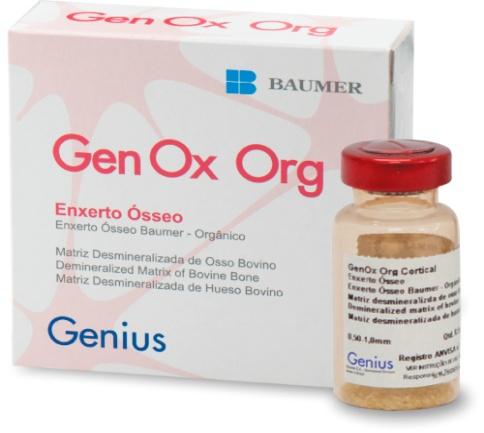 GenOx Org Características: Matriz orgânica extraída da cortical óssea bovina. Material estéril e biocompatível para uso em processos rápidos de regeneração.