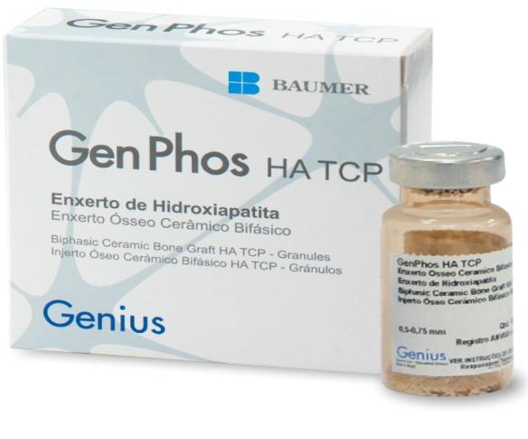 GenPhos HA TCP Características: Material sintético, estéril e biocompatível, de alta pureza. Biomaterial composto de Hidroxiapatita e β-trifosfato de Cálcio, na proporção aproximada de 70:30%.