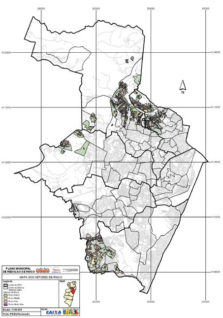 Figura 6.6: Distribuição Geográfica do Risco do Município de Recife-PE (Fonte: Prefeitura do Recife, 2007) D) Olinda Em Olinda-PE, 192.792 pessoas ocupam os morros do município, dessas, 76.