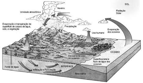 representam, de um modo geral, o fator de maior influência nos deslizamentos. Na Figura 5.6 está apresentada como a água se movimento nas interfaces da terra, conhecida como ciclo hidrológico.