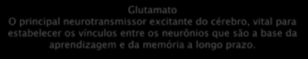 Glutamato O principal neurotransmissor excitante do cérebro, vital para estabelecer os vínculos entre os neurônios que são a base da aprendizagem e da memória a longo prazo.