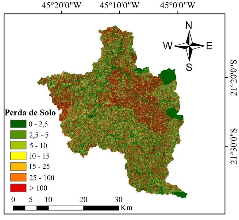 Distribuição Espacial da taxa de erosão média anual para a Bacia do Rio do Cervo, Sul de Minas Gerais A distribuição espacial da perda de solo para a bacia do Rio Cervo (Figura 7) foi obtida a partir