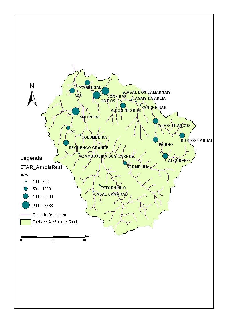 Figura 7. ETAR na bacia do Rio Arnóia e Rio Real e respectivos Equivalentes Populacionais (e.p.) (Adaptado de Águas do Oeste e INSAAR).