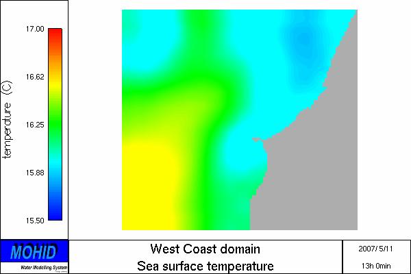 Figura 41. Domínio da região Oeste acoplado ao modelo operacional da Costa Portuguesa (temperatura superficial para o dia 11 de Maio de 2007).