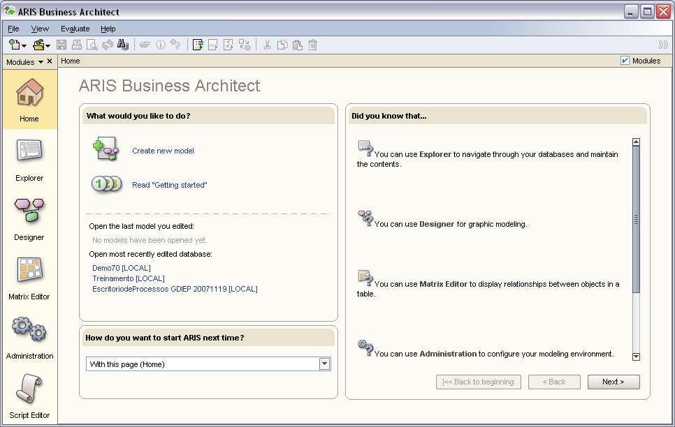 ARIS Business - Home Criar um novo modelo para qualquer base de dados que se tenha acesso HELP do ARIS e Dicas do dia