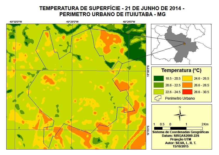 Figura 2: Temperatura de superfície do dia 21 de junho de 2014, referente ao município de Ituiutaba - MG. A figura 3 corresponde ao tratamento da imagem de satélite do dia 09 de setembro de 2014.