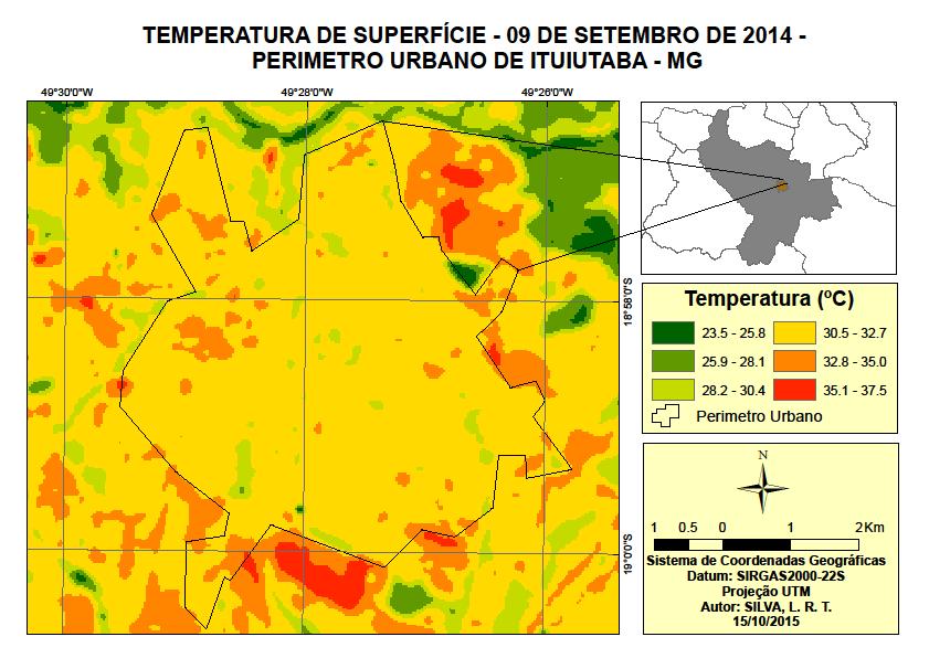Figura 3: Temperatura de superfície do dia 09 de setembro de 2014, referente ao perímetro urbano do município de Ituiutaba MG.