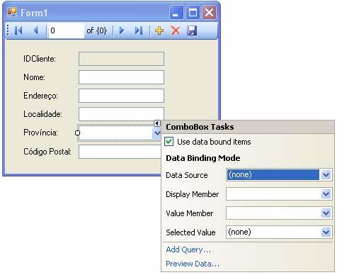 Agora vamos ligar o controlo Combobox à tabela Províncias, de modo a que seja possível, ao utilizador, atribuir a província para um
