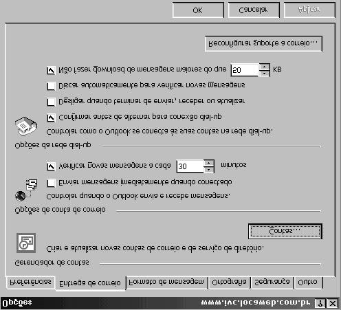 Para deixar o Outlook verificar a chegada de novas mensagens enquanto estiver conectado ao servidor, marque a opção Verificar novas mensagens a cada (escolha o período) minutos.