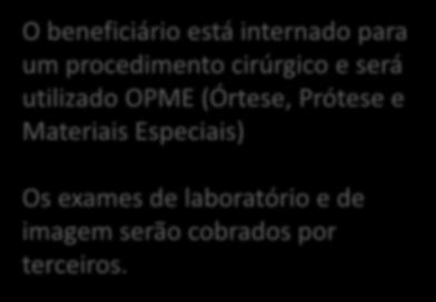 Exemplo 4 O beneficiário está internado para um procedimento cirúrgico e será utilizado OPME (Órtese, Prótese e Materiais Especiais) Os exames de laboratório e de imagem serão cobrados por terceiros.