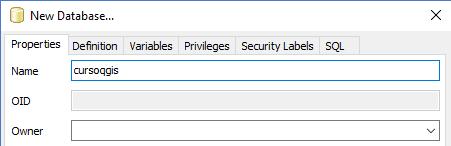 Na janela New Database..., na aba Properties informe o nome do banco (aqui chamamos de cursoqgis). Depois vá para a aba Definition.