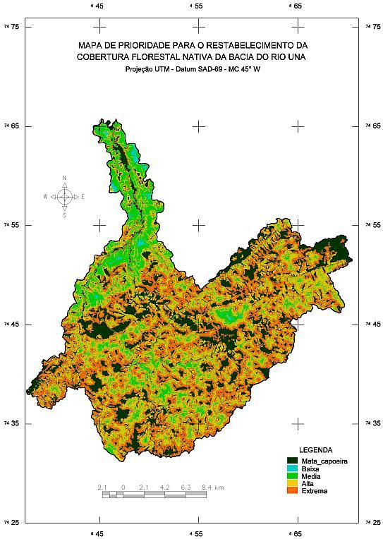 Tabela 7. Resultado do cruzamento do mapa de prioridades para o restabelecimento da cobertura vegetal nativa X mapa de APPs, em hectares.