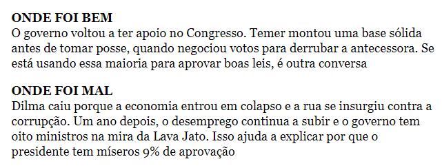 de maio de 2016, colunistas da Folha definem os aspectos em que o presidente