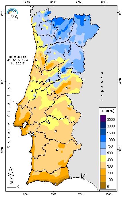 Quadro IV - Número de horas de frio entre 01 de outubro e 31 de dezembro de 2017 Distrito Valor sede distrito V. Castelo 395 Bragança 930 Vila Real 688 Braga 615 Porto/P.