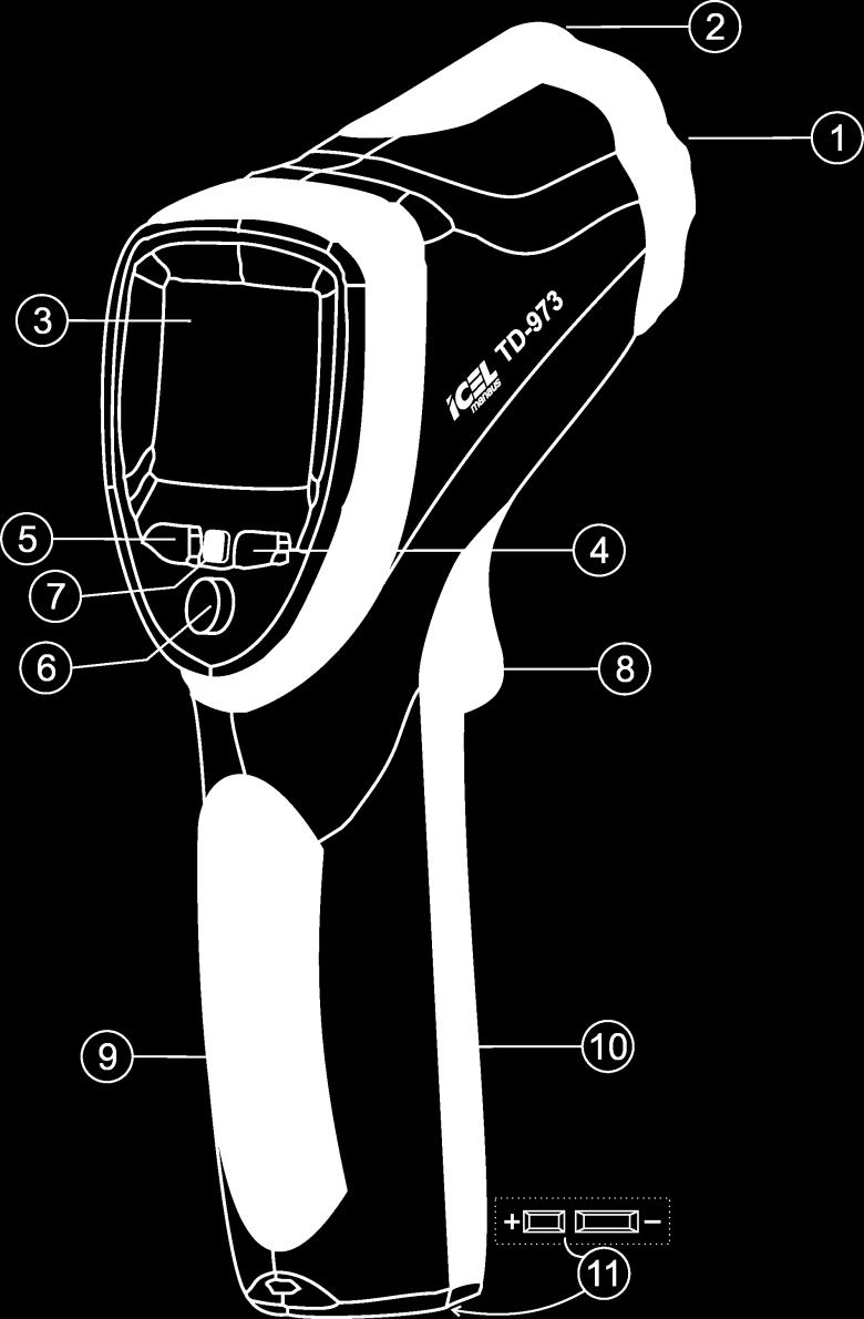4. DESCRIÇÃO 4.01. Descrição Geral 1. Sensor Infravermelho. 2. Mira Laser. 3. Display. 4. Botão. 5. Botão. 6. Botão de Funções. 7. Botão Laser/Luz. 8. Gatilho. 9. Punho. 10. Compartimento de bateria.