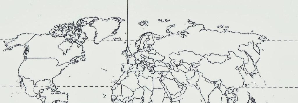 3) No planisfério abaixo LOCALIZE e IDENTIFIQUE o território brasileiro pintando-o de vermelho, a linha do Equador, os trópicos de Câncer e Capricórnio e o Meridiano de Greenwich