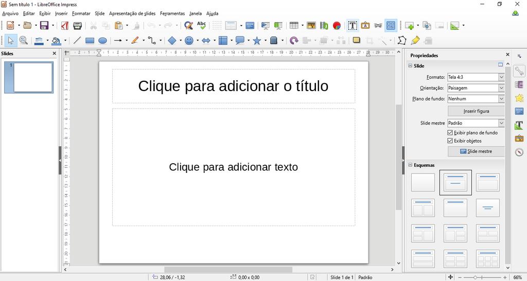 COMPONENTES DA ÁREA DE TRABALHO Ao iniciar, o LibreOffice Impress apresenta a caixa de diálogo abaixo com modelos de páginas mestre para a sua