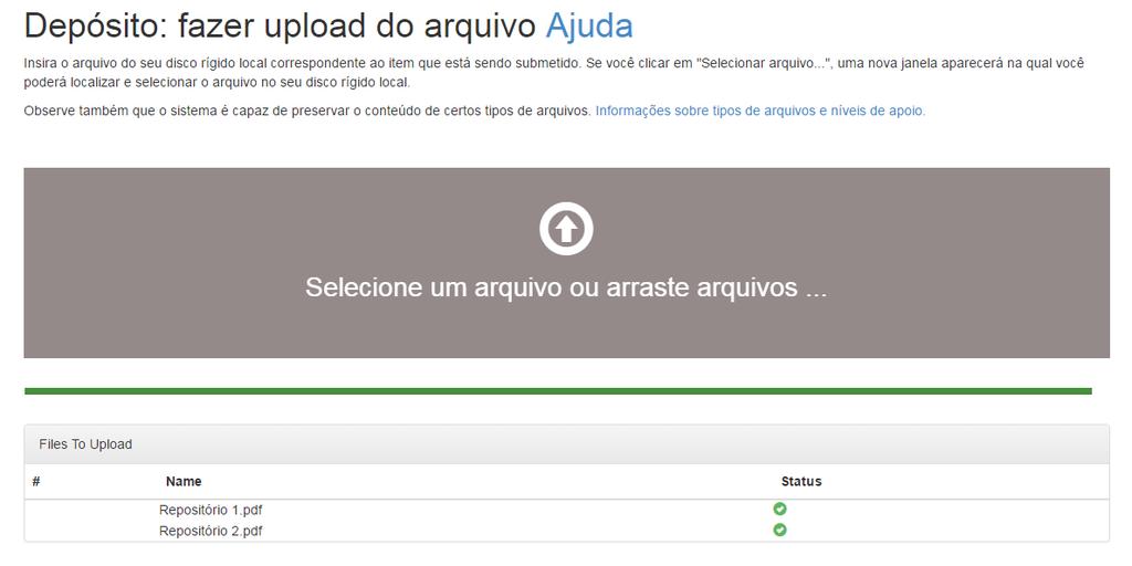 15. Clique em, inclua o(s) arquivo(s) de sua publicação e clique em. Caso não tenha selecionado todos os arquivos para serem incluídos poderá fazê-lo clicando em Obs.