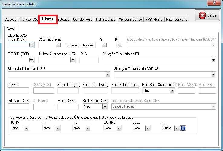 Menu Cadastros / Produtos Aba Tributos Menu