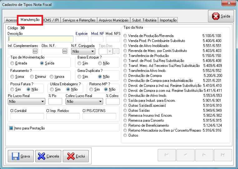 Menu Cadastros / Outros Cadastros / Tipos de Nota Menu