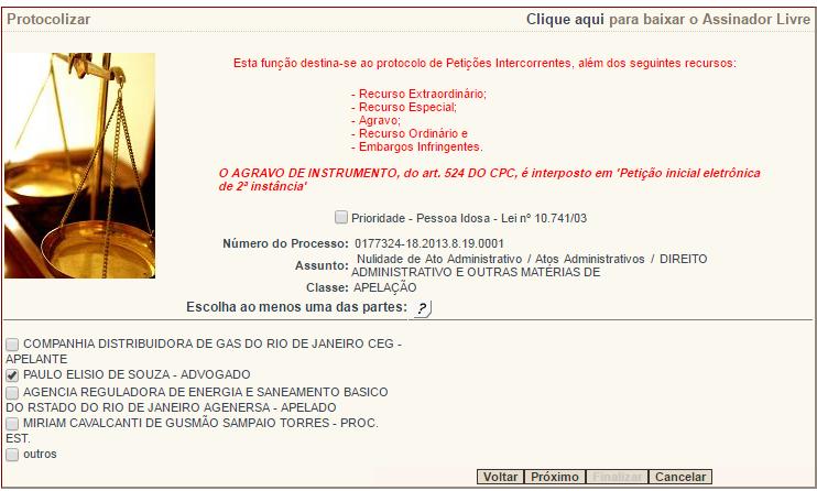 Após clicar no ícone Responder relacionado à intimação, será aberta a tela Protocolizar.