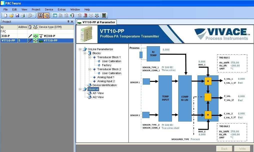 Figura 3.4 Tela de visualização das informações do VTT10-PP no PACTware. 3.4. CONFIGURAÇÃO CÍCLICA O VTT10-PP possui 2 blocos funcionais de entrada analógica (02 AI - Analog Input Block).