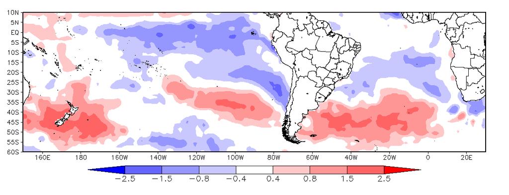 A anomalia negativa da Temperatura da Superfície do Mar (TSM) no Pacífico Equatorial (Figura 2) ainda permanece com padrão de evento La Nina moderado-fraco, mas indicando enfraquecimento no decorrer