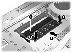 c. Pressione cuidadosamente o módulo de memória (3), aplicando força nas bordas direita e esquerda até encaixar os clipes de retenção.
