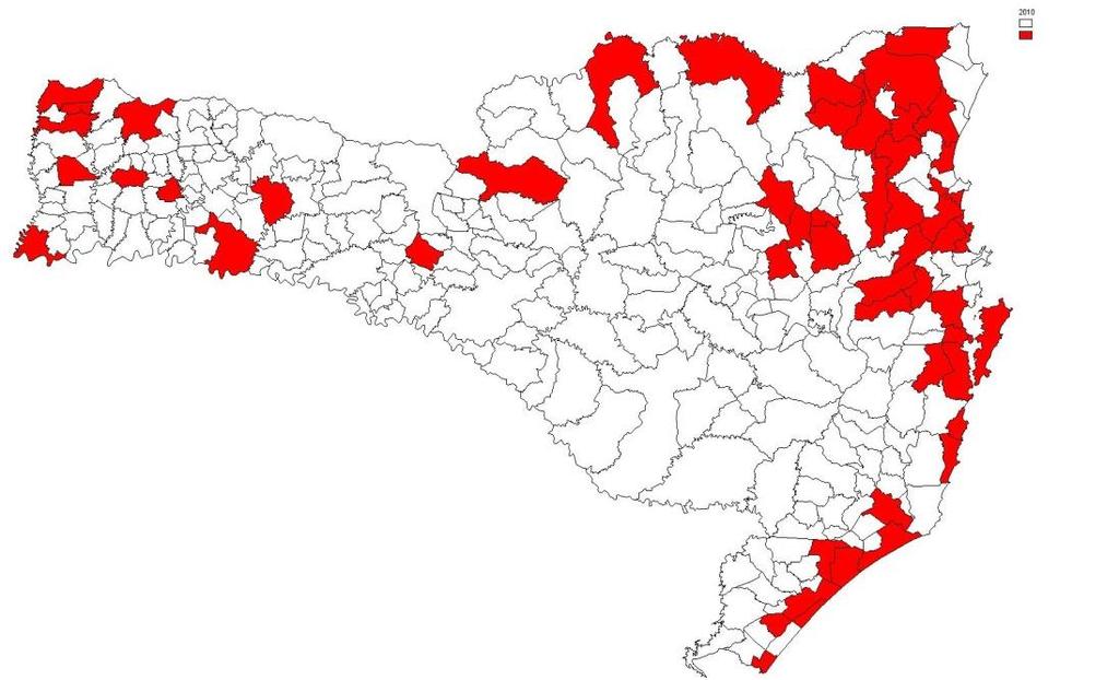 Focos de Aedes aegypti em SC, 2010-2015 2010 Nº de focos: 890 Municípios com focos: 54