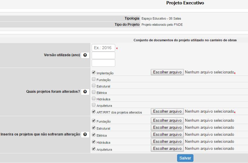 Aba Projeto Executivo Verifique sempre a versão do projeto