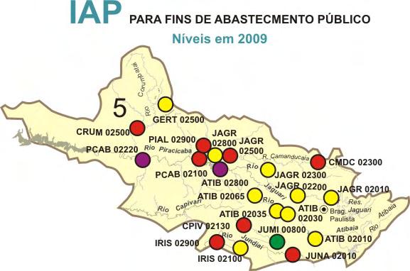 Córrego Lavapés (1), Rio Claro (1), Ribeirão das Anhumas (1), Ribeirão do Pinhal (1), Ribeirão Piracicamirim (1), Ribeirão Pinheiros (2), Ribeirão Quilombo (2), Ribeirão Quilombo (2), Ribeirão Tijuco