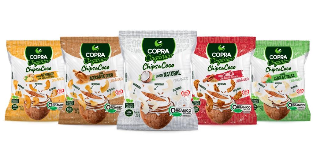 Chips de Coco Orgânico Copra com 60 gramas nos sabores: Canela e Açúcar de Coco, Gengibre e Açúcar de Coco e Açúcar de Coco Pioneira no desenvolvimento de alimentos saudáveis e inovadores, a Copra