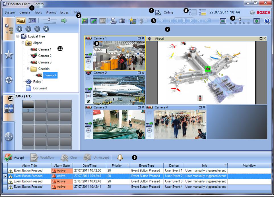 Bosch Video Management System Interface do utilizador pt 43 11 Interface do utilizador Este capítulo contém informações relativas a todas as janelas disponíveis no Operator Client do Bosch Video