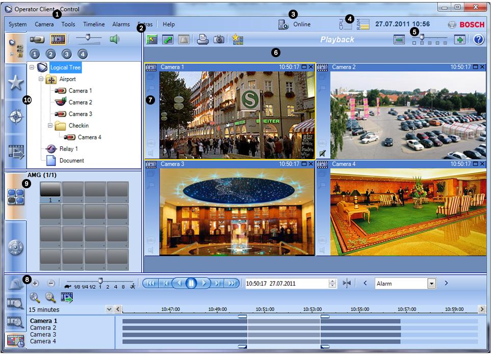 Bosch Video Management System Interface do utilizador pt 45 11.2 Modo de Reprodução Janela principal > Pode clicar com o botão direito para exibir o menu de contexto.
